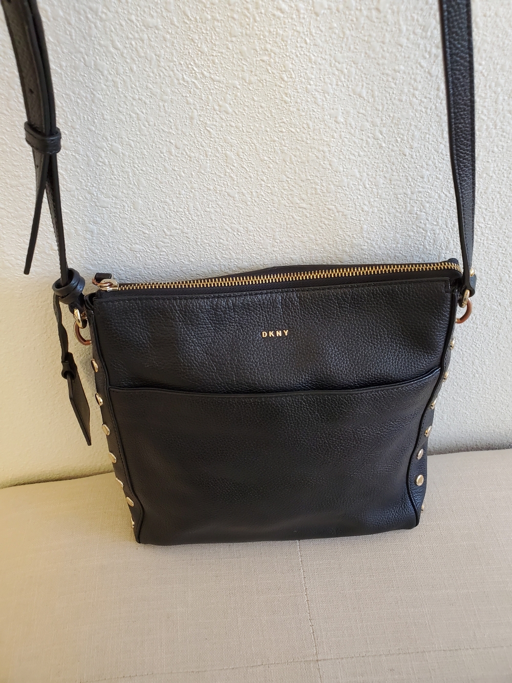 DKNY Black Leather Crossbody with Gold Stud Accents